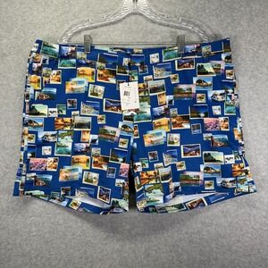 Robert Graham Swim Trunks Mens 2XL Blue Postcards Print Lined Quick Dry Stretch